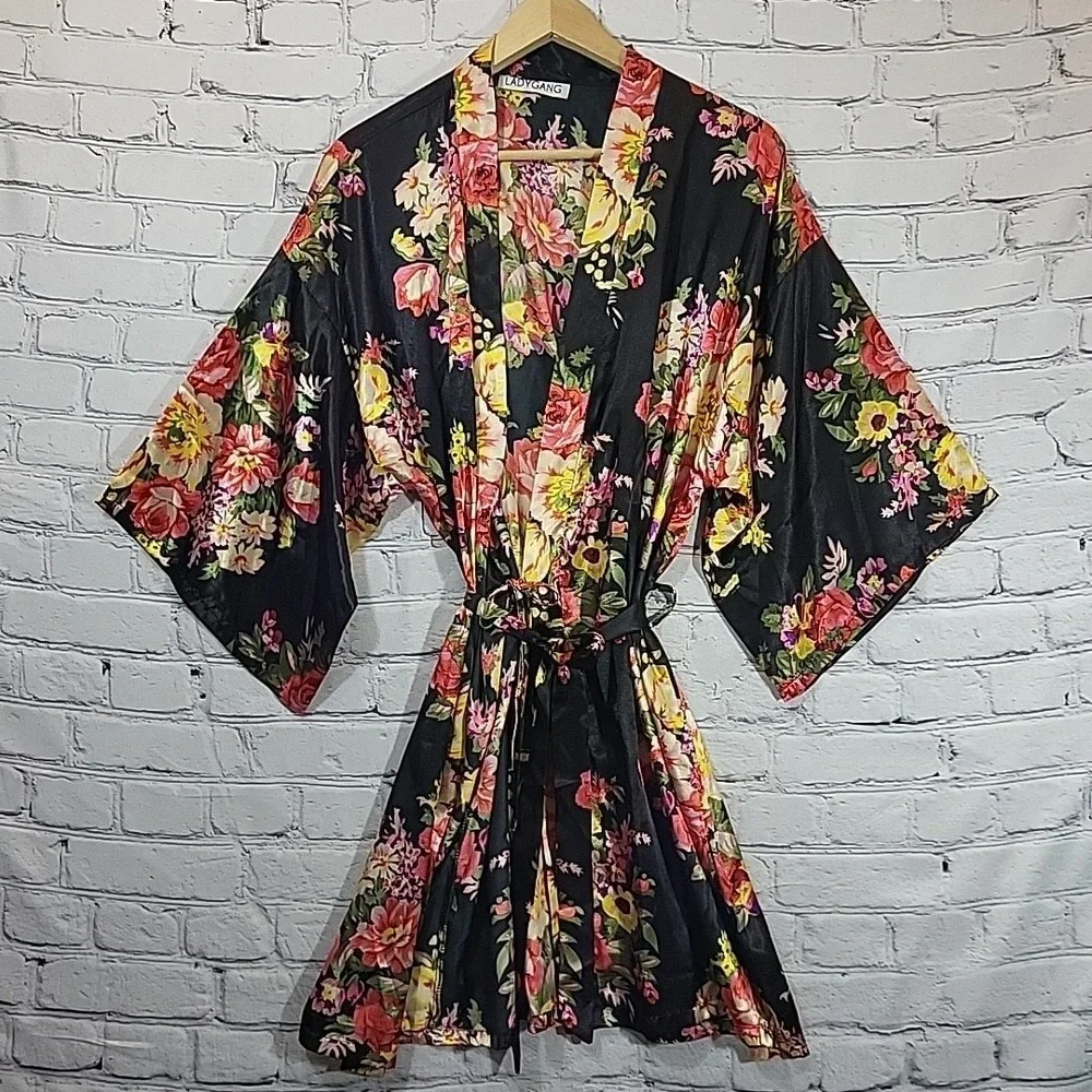 Vintage Ladygang Floral Kimono Silky Polyester Robe Black Tie Sz S Glam Mob Wife